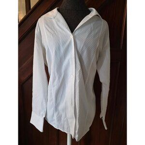 Talbots Woman White Striped Button-Up Shirt Size 14W Wrinkle Resistant